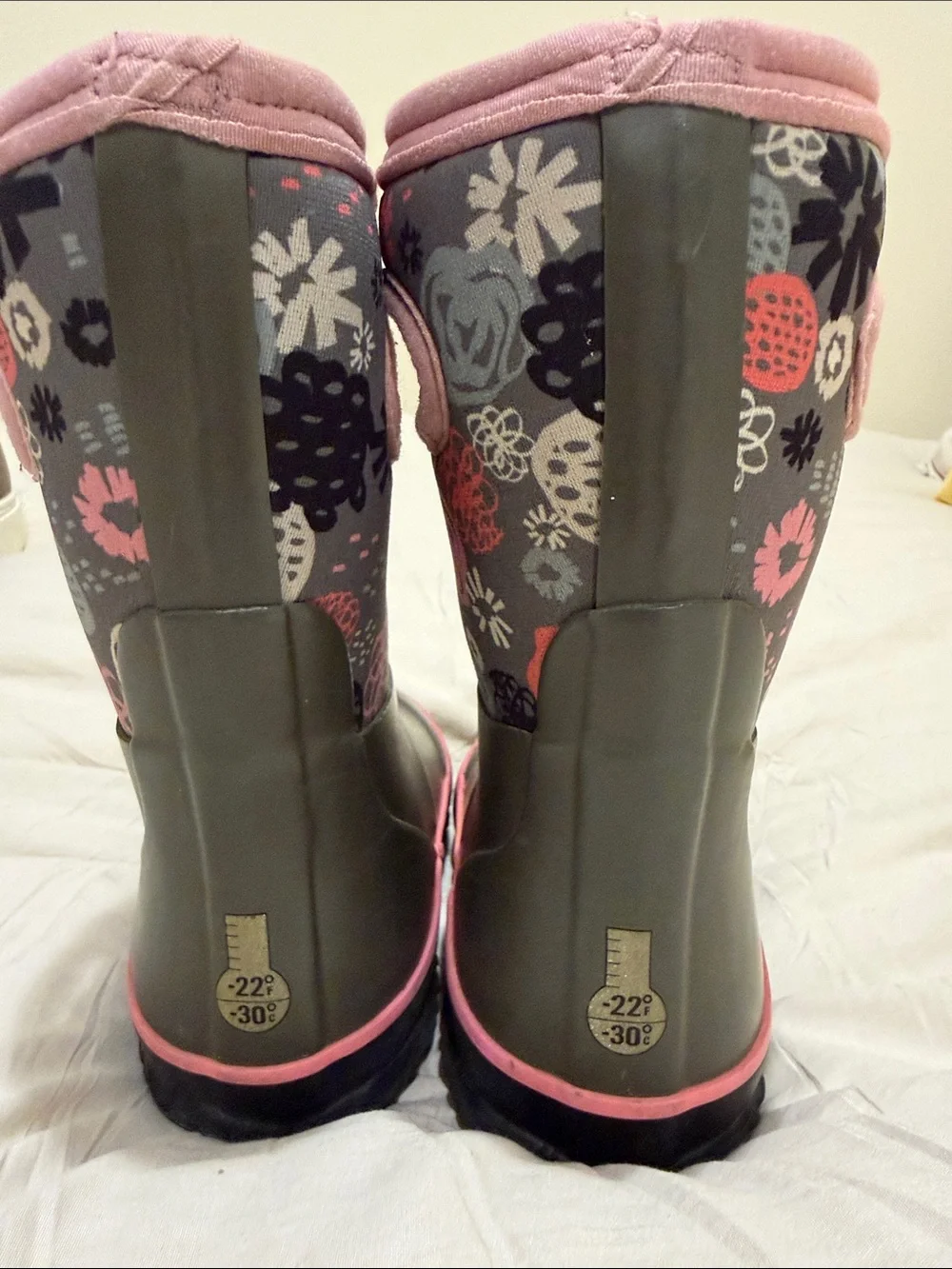 Bogs Kids Olive Green Rain Boots with Pink Trim & Floral Cuff